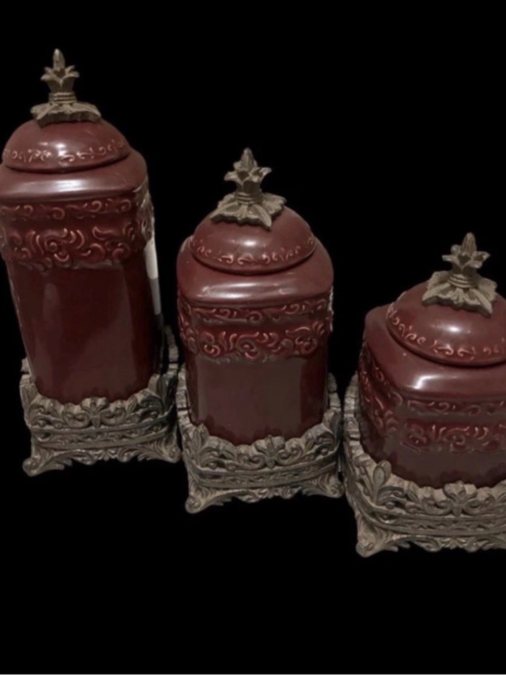Drake Tuscan Old World Set of 3 Burgundy Canisters Traditional High End Acanthus